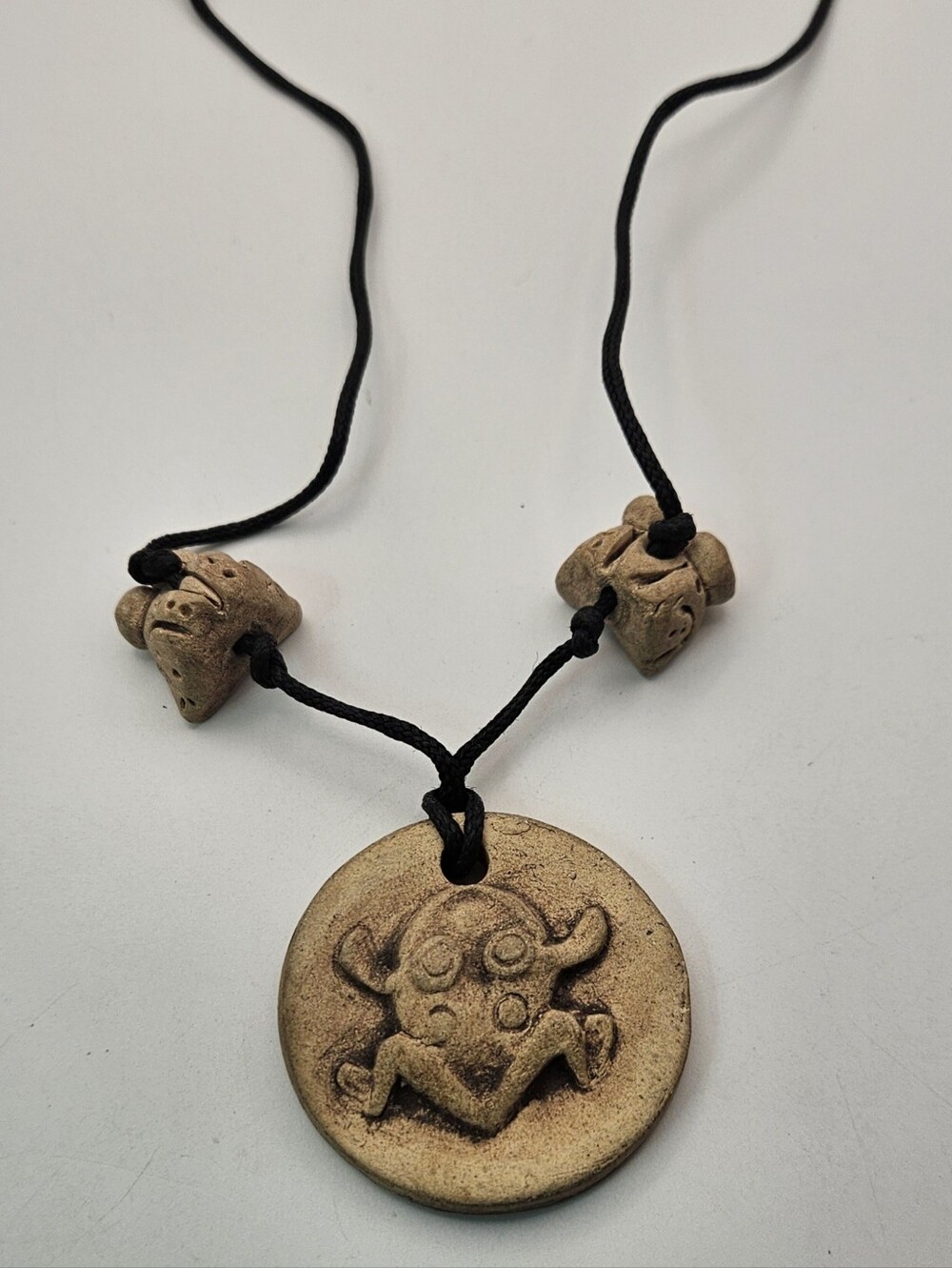 Artisan Handmade Clay Frog Medallion Pendant Black Cord Adjustable Necklace